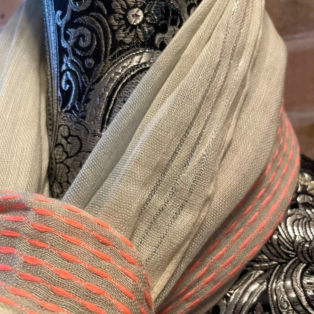 Lightweight Striped Scarf‎ Shawl Wrap Linen Blend Pink Grey White Fringe